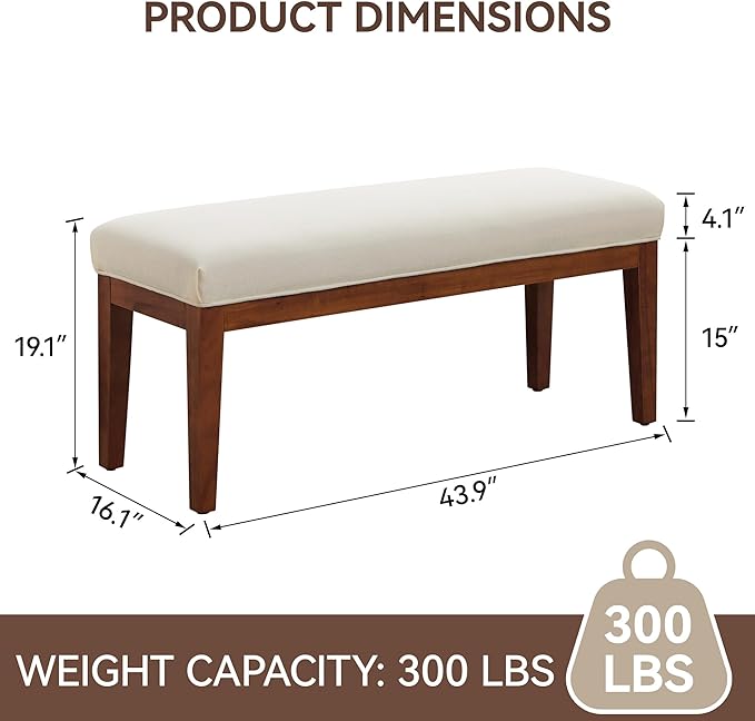 43.5'' Linen Bedroom Bench, Upholstered End of Bed Bench, Padded Vintage Dining Bench, Entryway Bench with Solid Wood Legs, Kitchen, Living Room, Hallway, White