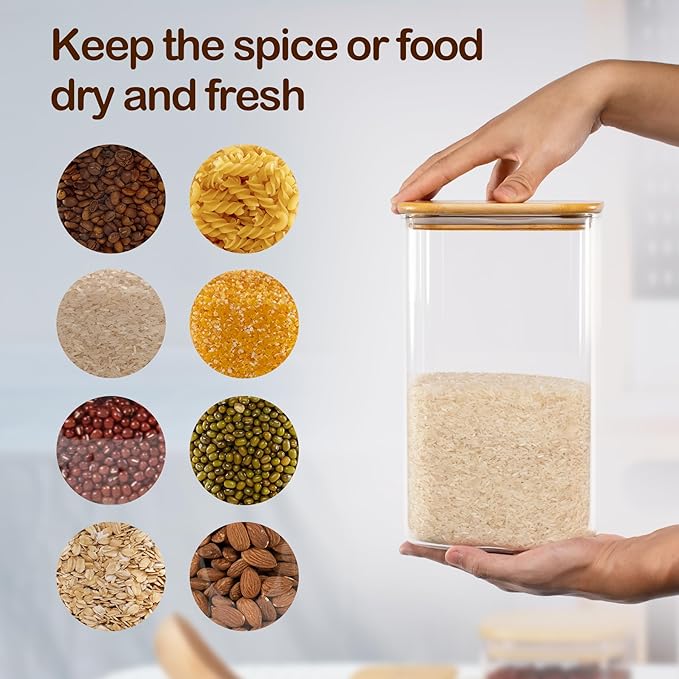 156oz 52oz Airtight Glass Square Storage Canister with Bamboo Lid Set of 2(4600ml*1 1550ml*1) Large Gallon Glass Jars for Sugar, Flour, Cookies and Coffee beans (‎with Black Lable)