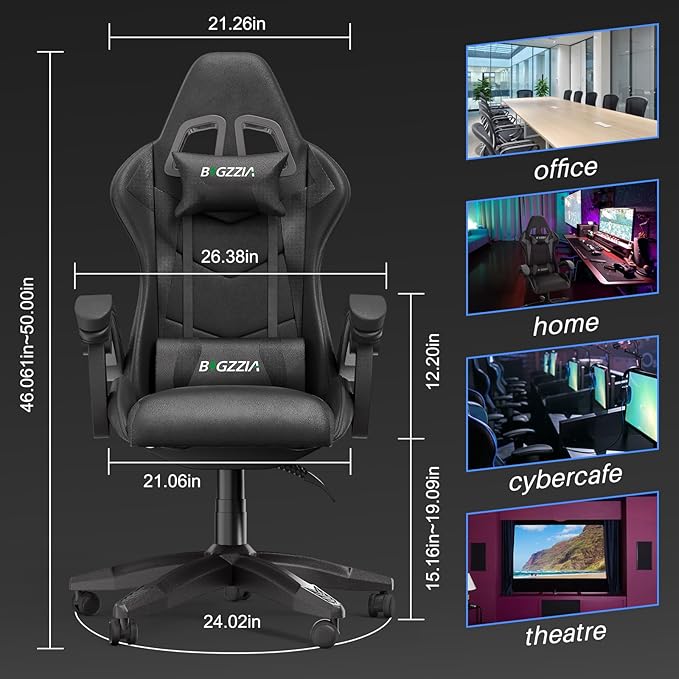 Gaming Chair High Back, Ergonomic Computer Gamer Chair with Headrest and Lumbar Support, Racing Style Reclining Game Chair for Adults, Kids (Black)