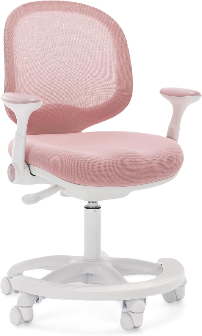 Kids Desk Chair, Boy's Girl's Child Children Study Office Computer Chair, Ergonomic Design, Adjustable Height and Seat Depth (Grey) (Peach Pink W/Armrests and Footrest)