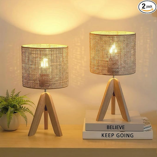 Hamilyeah Tripod Lamps for Night Stands Set of 2, Boho Bedside Lamps with Wicker Shade, Woven Table Lamps for Living Room with On/Off Switch, Wood Desk Lamps for Bedroom
