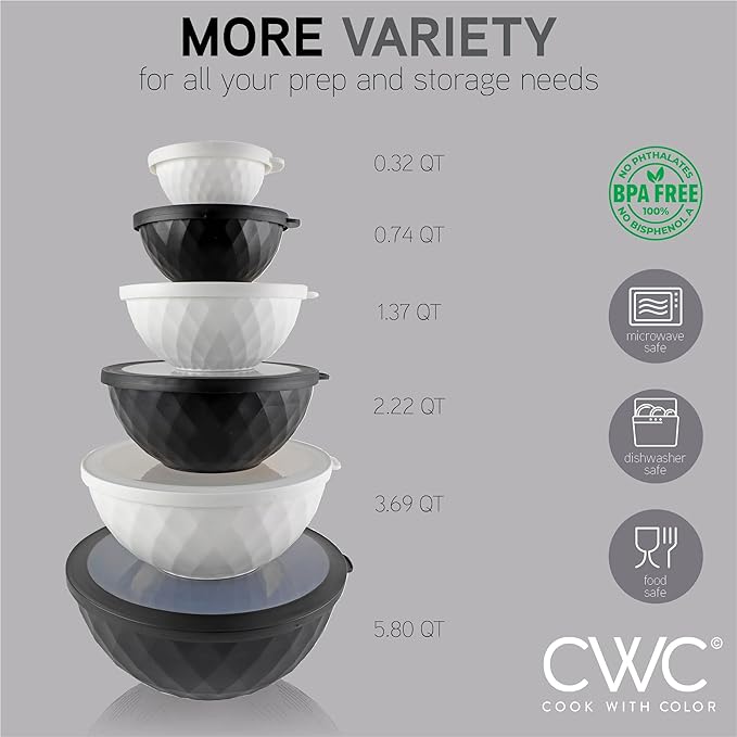 COOK WITH COLOR Mixing Bowls with Lids - 12 Piece Plastic Nesting Bowls Set includes 6 Prep Bowls and 6 Lids, Diamond Design - Microwave Safe (Mint)