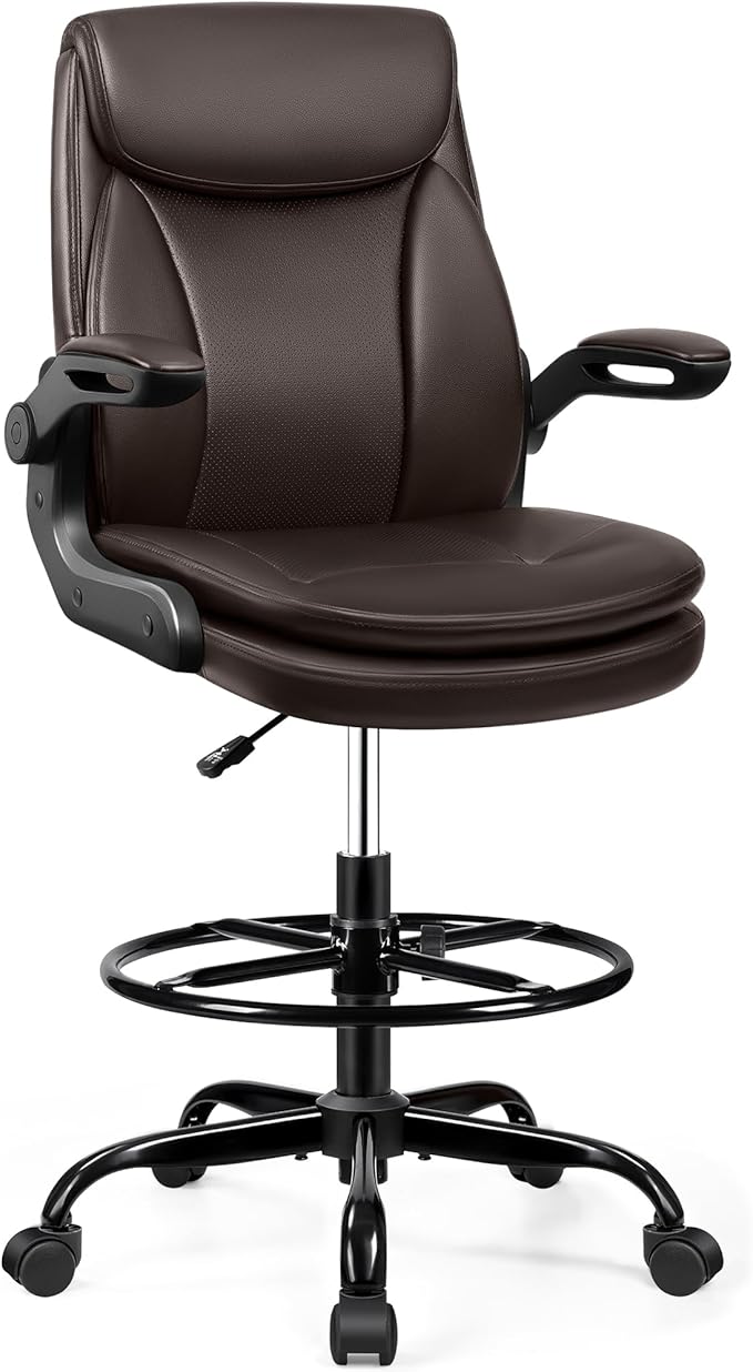 Drafting Chair Tall Office Chair Leather Executive Office Chair with Adjustable Foot Ring Flip Up Armrest - Comfy Ergonomic Desk Chairs with Lumbar Support for Office Home Studio - Brown