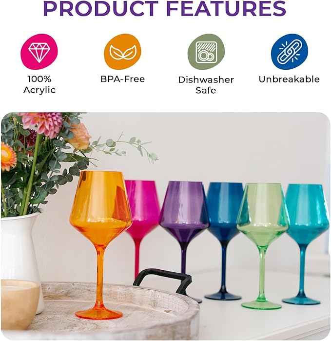 Unbreakable Stemmed Wine Glasses – Colored Wine Glasses Set of 6 Plastic Drinking Glasses Wine, Water – Acrylic Wine Gifts for Birthday Women Party, Stylish Glasses for Parties & Everyday (Jewel)