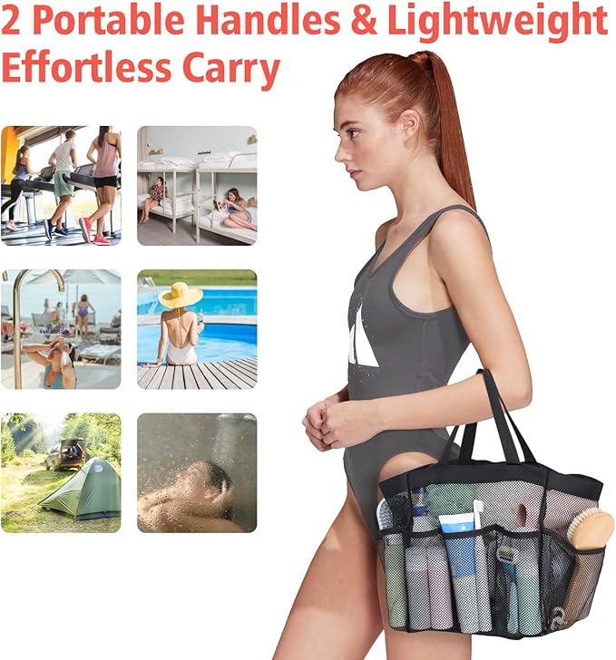 F-color Mesh Shower Caddy Portable, Upgrade Deeper 7 Pockets Shower Bag Basket Tote for College Dorm Room Toiletry Bathroom Essentials Gym Camp Quick Dry 2 handles with S Hook, Black