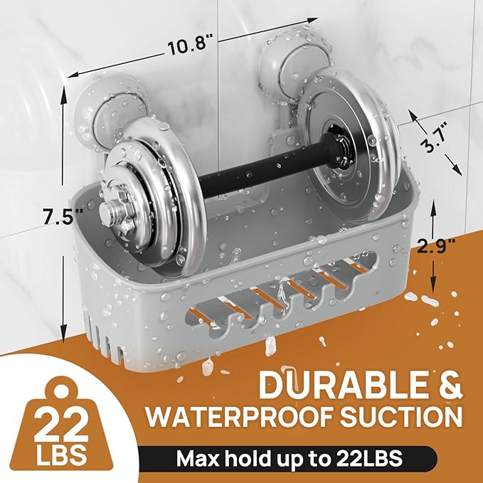 LEVERLOC Shower Caddy Suction Cup 2 Pack, Shower Organizer Removable Bathroom Shelf, Storage Suction Powerful Max Hold 22lbs Bathroom Caddy Waterproof Holder, Gray