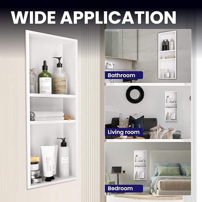 Stainless Steel Shower Niche 12" x 30", 3-Tier Shower Niches No Tile Needed, Recessed Niche for Shower Wall, Shower Niche Shelf for Bathroom Storage, White