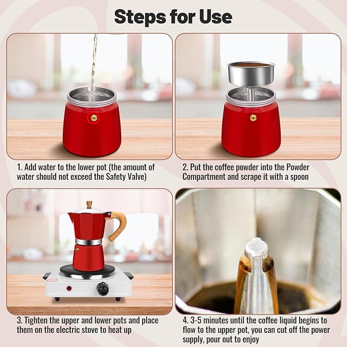 6 Cup Aluminum Moka Pot Classic Stovetop Espresso Coffee Maker 300ml 10oz Coffeemaker Percolator Mocha Pot Greca Coffee Maker Cafe Makers for Italian and Cuban Café Brewing Red