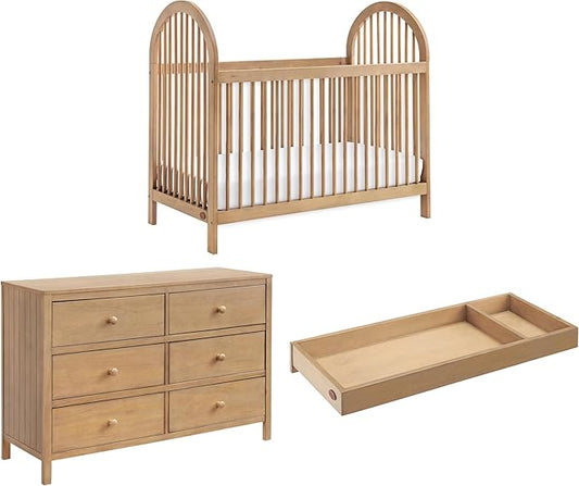 Oxford Baby 3 PC Nursery Set Everlee Modern High Arch 3-in-1 Convertible Island Baby Crib, Honey Wood Everlee, 6-Drawer Double Dresser, Honey Wood and Everlee Changing Topper for 6-Drawer, Honey Wood