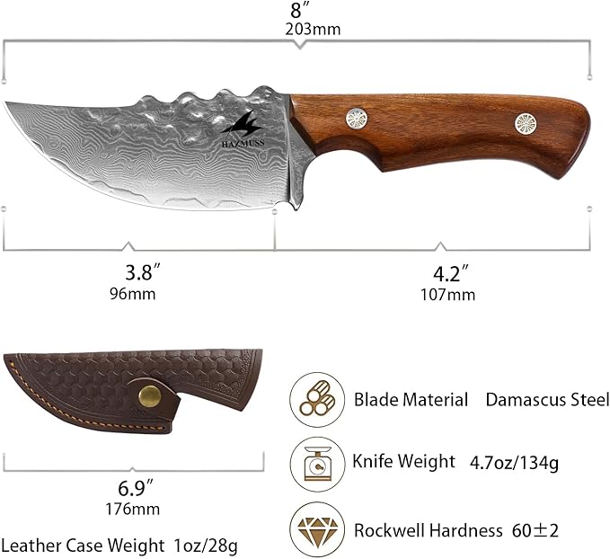 Damascus Utility Knife with Sheath - Kitchen Knife - 3.8" Damascus Steel Blade with Ergonomic Wooden Handle, Full Tang for Outdoors & Kitchen