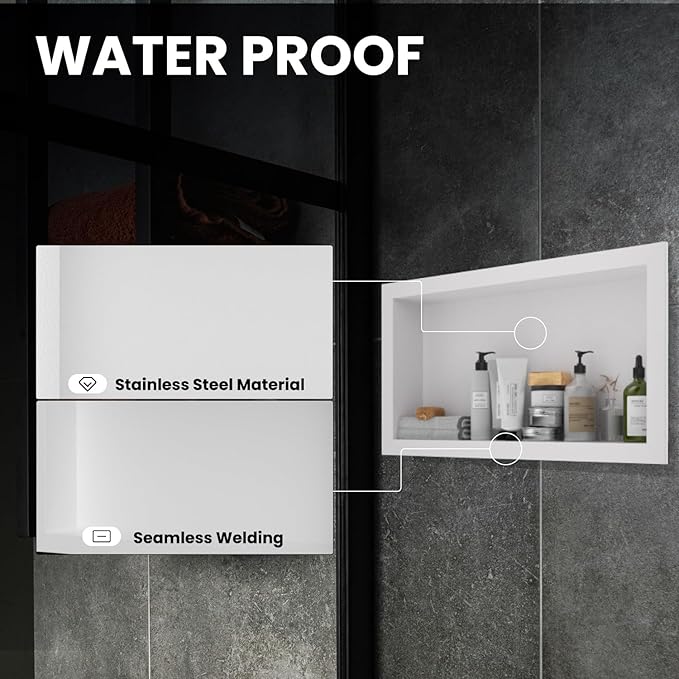 Stainless Steel Shower Niche 12" X 24"，Single Shelf Niches Bathroom Shelf Recessed Wall Niche No Tile Needed Shower Shelf for Bathroom Storage (White, 12 x 24)