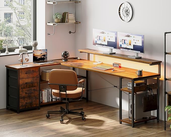 AODK 69" L Shaped Desk with Drawer, Computer Desk with Power Outlets & LED Lights, Reversible Corner Gaming Desks for Home Office Workstation, Office Table with Monitor Shelf, Vintage