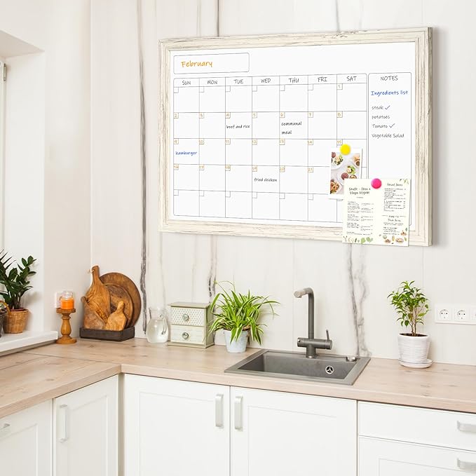 4 THOUGHT Whiteboard Calendar 24" x 18" Magnetic Dry Erase Board Wood Frame Wall-Mounted Monthly Planner White Board Decorative Notice Board for Office School Home, White Vintage