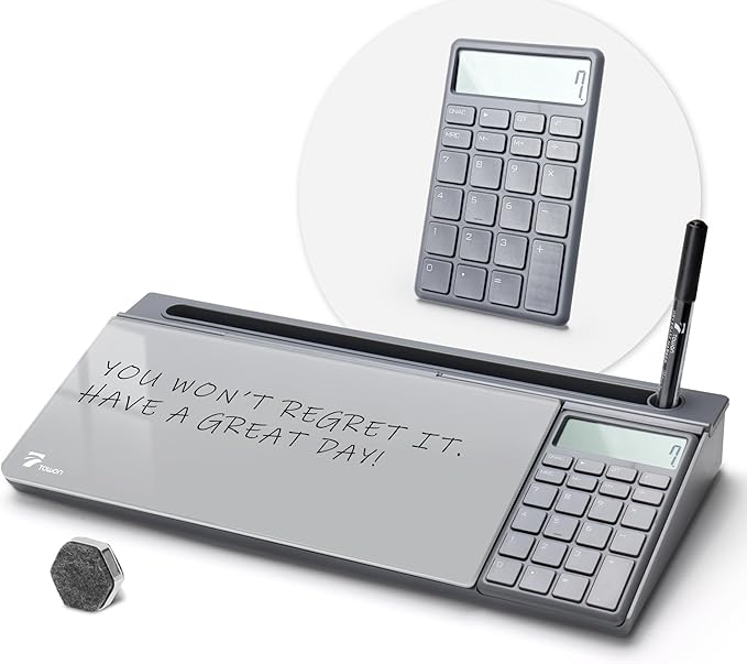 TOWON Desktop Glass Whiteboard with Basic Calculator, 12 Digit LCD Display, Desk Organizers with Accessories for Office, Home, School Supplies, Storage with Dry Erase Board Surface, Gray, 18'' x 6''