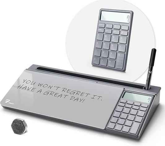 TOWON Desktop Glass Whiteboard with Basic Calculator, 12 Digit LCD Display, Desk Organizers with Accessories for Office, Home, School Supplies, Storage with Dry Erase Board Surface, Gray, 18'' x 6''