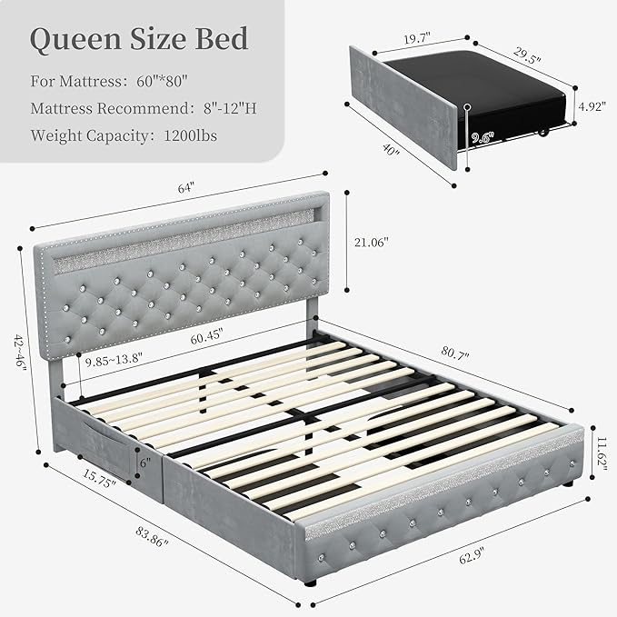 Queen Led Bed Frame with 2 Drawers, Modern Sturdy Adjustable Upholstered Crystal Button Tufted Headboard Platform Bedframe with Storage, No Box Spring Needed, Noise-Free, Easy Assembly, Velvet Grey