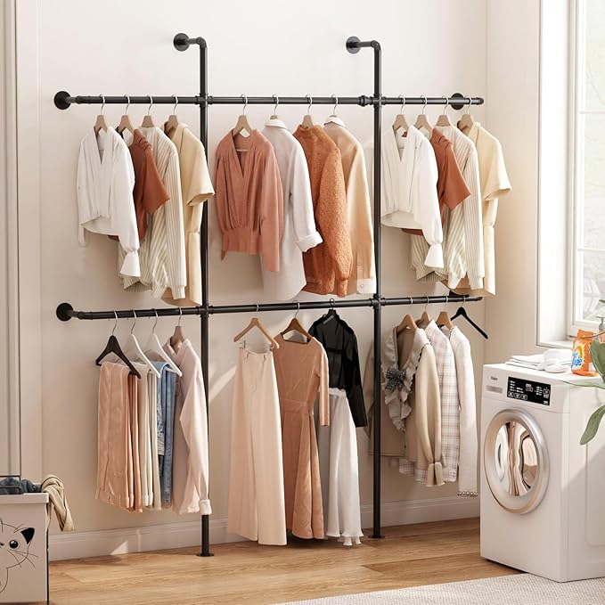 Industrial Pipe Clothing Rack Wall Mount, Black Pipe Clothes Rack with 6 Hanging Rods, Heavy Duty Pipe Clothing Rack for Laundry Room, Closet Systems for Walk in Closets