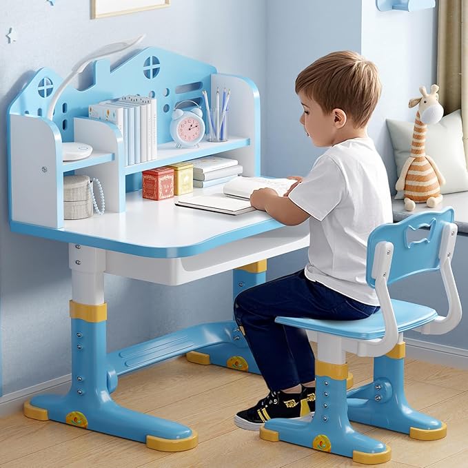 Kids Desk and Chair Set, Height Adjustable Child's School Study Writing Tables, Kids Desk with Bookstand and Storage Drawer, Widened Desktop with Desktop for Boys and Girls