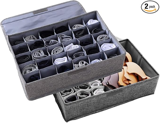 AARAINBOW 2 Packs Underwear Socks Storage Organizer with Lids Foldable Closet Drawer Organizer 46 Cells, Drawer Organizer Bins for Ties Scarves Lingerie Bra Fabric Dividers (30+16 Cell, 2 Gray)