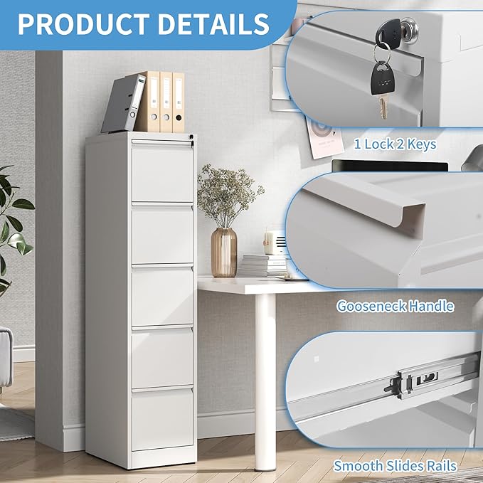 AQY 5 Drawer File Cabinet with Lock, Metal Filing Cabinets for Home Office, 18" Deep Heavy Duty Vertical Storage File Cabinets for Hanging A4/Letter/Legal Size Files, Assembly Require