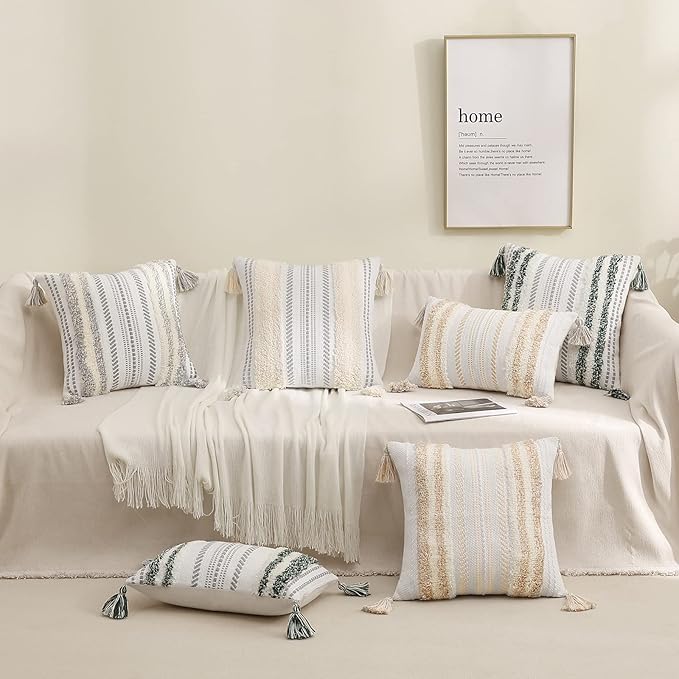 decorUhome Decorative Boho Throw Pillow Cover 18x18, Accent Neutral Textured Tufted Pillow Cover Striped for Couch Bed Sofa, Green and Cream White, Pack of 1