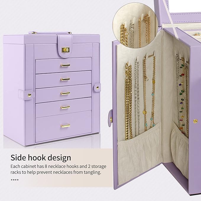 AKOZLIN Large Jewelry Box Organizer Functional Lockable with Big Mirror, Leather Jewelry Storage Case for Women Girls Ring Necklace Earring Bracelet Holder Organizer Violet