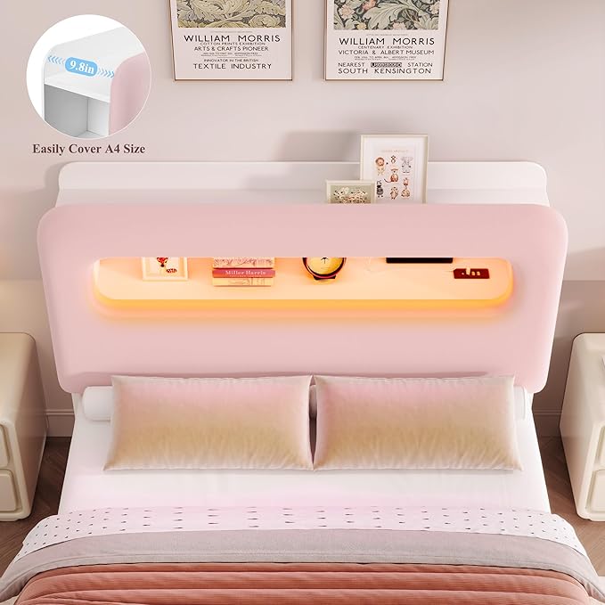 HOSTACK Queen LED Bed Frame with Storage Headboard and Charging Station, Girls Bed Frame with 4 Drawers and USB Ports, Velvet Upholstered Platform Bed Frame with Bookcase, No Box Spring Needed, Pink