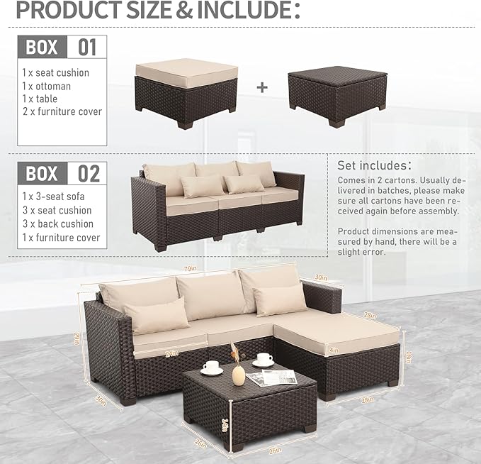 Wicker Patio Furniture Patio Couch 3 Pieces Outdoor Sectional with Ottoman and Outdoor Storage Table with Lining Weathering Anti-Slip Cushions Furniture Covers, Khaki