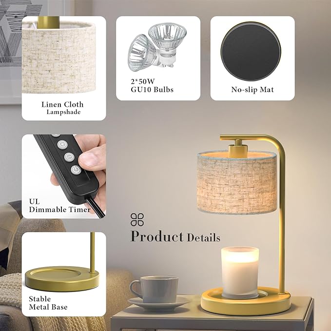 Gold Candle Warmer Lamp with Timer Dimmer, Electric Candle Warmer Wax Heater, Birthday Gifts for Women Her, Mom, House Warming Gifts New Home