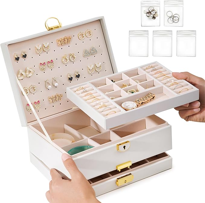 Yoobao Jewelry Organizer Box for Women, 3 Layer Large Jewelry Case with Removable Tray for Earrings Necklaces Rings Bracelets, Double Lock, Ideal Present for Christmas Valentine Mother's Day