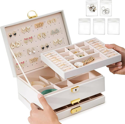 Yoobao Jewelry Organizer Box for Women, 3 Layer Large Jewelry Case with Removable Tray for Earrings Necklaces Rings Bracelets, Double Lock, Ideal Present for Christmas Valentine Mother's Day