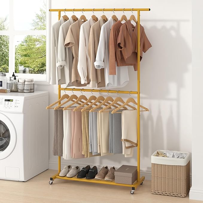 Sywhitta Double Rod Clothing Garment Rack, Rolling Coat Hanger with Bottom Mesh, Clothing Rack for Hanging Clothes, Coats, Skirts, Sweaters, Gold