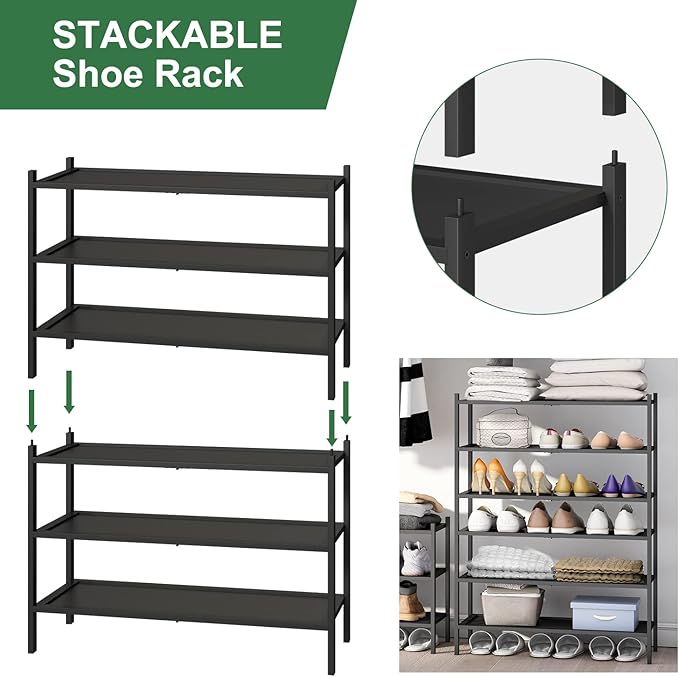3-Tier Black Bamboo Shoe Rack for Entryway, Stackable | Foldable | Natural, Shoe Organizer for Hallway Closet, Free Standing Shoe Racks for Indoor Outdoor