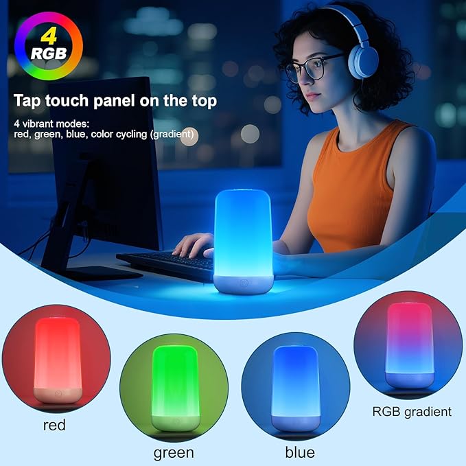 FRIDEKO HOME RGB Touch Bedside Lamp for Nightstand, 3 Color Temperatures Portable Rechargeable Cordless Night Light, Dimmable Mood Lighting for Bedroom, Living Room, Nursery, Breastfeeding, Kid, Adult