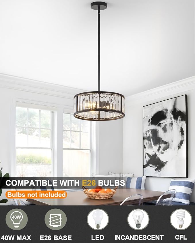 Black Flush Mount Ceiling Light, 2- Light Caged Crystal Chandelier, Small Drum Hallway Light fixtures Ceiling Mount (14 INCH Black Pendant Light(3-Light))