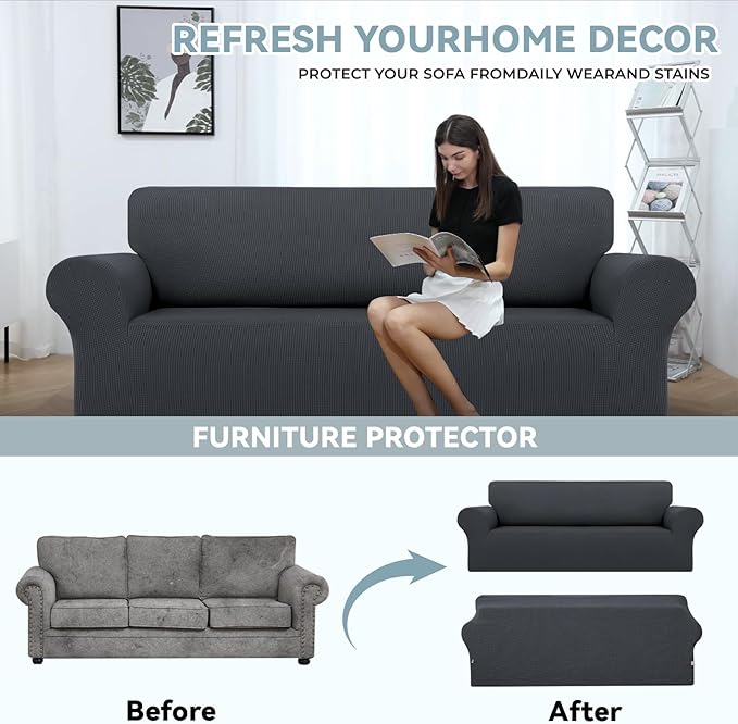 LURKA Stretch Sofa Slipcovers 1 Piece Couch Covers for 3 Cushion Couch Sofa Furniture Protector Full Sofa Covers with Elastic Bottom for Kids and Dog (Dark Grey, Large)