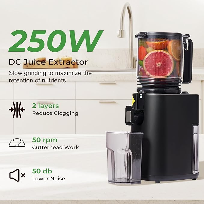 Masticating Juicer with 250W DC Motor, 5.4" Wide Feed Chute, Slow Cold Press Juice Extractor for Whole Fruits & Vegetables, High Juice Yield, DC-Black