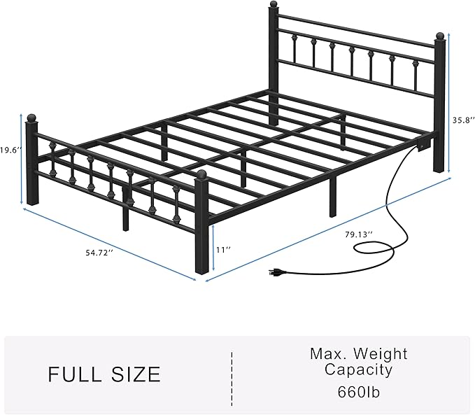 Full Bed Frame with Smart LED Lights, Storage Headboard and USB Charging Station,Heavy Duty Wooden Slats, No Box Spring Needed, Noise Free, Easy Assembly (Retro Black, Full)