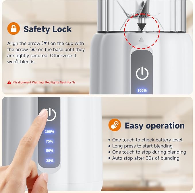 COKUNST Portable Blender, Small Smoothie & Shake Maker with LED Display, 17 oz (500ml) Personal Blender with 6 Blades, USB C Rechargeable Juice Mixer with Extra Lid for Travel, Office, Gym, Home