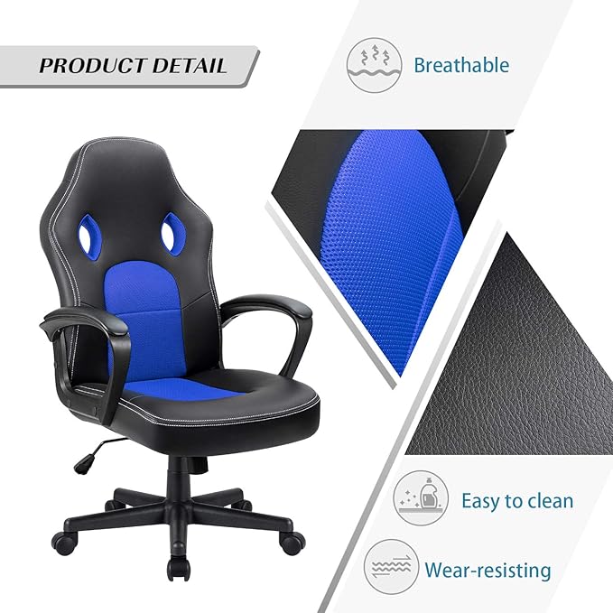 Furmax Blue Leather Office Chair with Adjustable Swivel Base, Padded Armrests and Lumbar Support