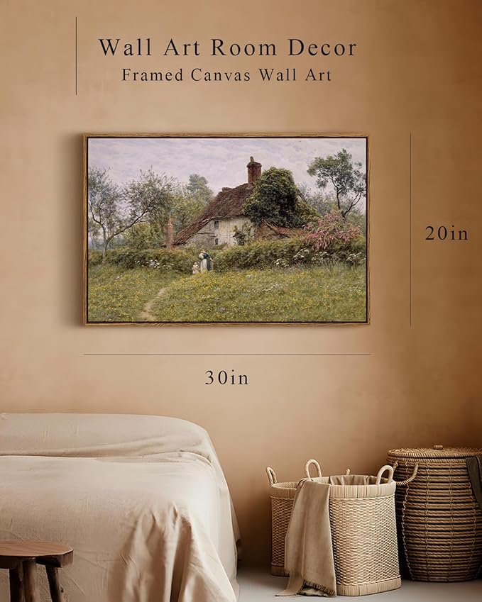 InSimSea Framed Canvas Wall Art Vintage Decor, Old Cottages Countryside Large Canvas Wall Art, Rustic Farmhouse Hanging Wall Decor for Bedroom Living Room Bathroom, 20"x30"