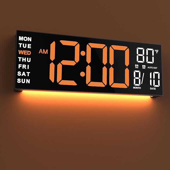 JALL 16" Large Digital Wall Mount Clock, Count Down Timer, Alarm, Big LED, RGB Color, DST, Temperature for Living Room Classroom Desk, Xmas, Birthday Gift for Senior Mom Dad (Orange White, 16 inches)