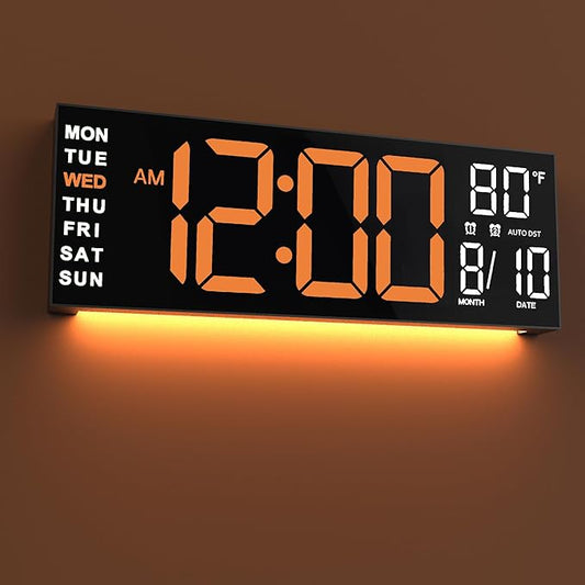 JALL 16" Large Digital Wall Mount Clock, Count Down Timer, Alarm, Big LED, RGB Color, DST, Temperature for Living Room Classroom Desk, Xmas, Birthday Gift for Senior Mom Dad (Orange White, 16 inches)