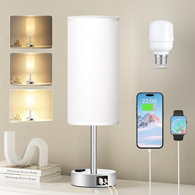 White Touch Bedroom Table Lamp - 3 Way Dimmable Bedside Lamp USB C A Charging Ports and AC Outlet, Small Lamp Nightstand with Silver Base for Living Room, Office Desk, LED Bulb Included