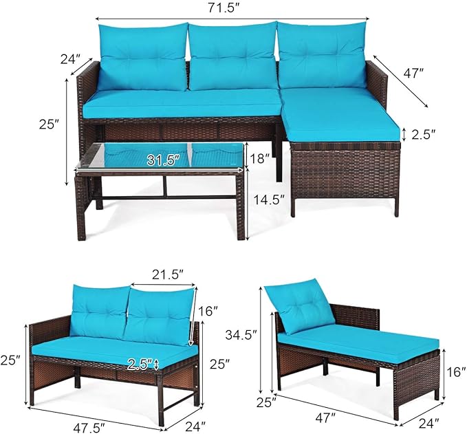 Tangkula Patio Corner Sofa Set 3 Piece, Outdoor Rattan Sofa Set, Includes Lounge Chaise, Loveseat & Coffee Table, Patio Garden Poolside Lawn Backyard Furniture