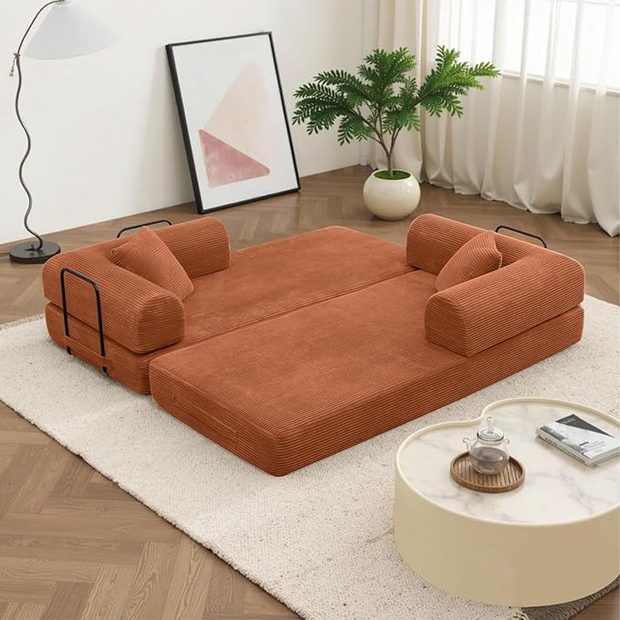 Rovibek 4-in-1 Convertible Sleeper Sofa Bed Queen Size, Foldable Floor Couch Corduroy, Folding Futon Sofa Beds with Pillow and Fixed-Shape Frame, Suitable for Living Room, Bedroom, Lounge, Orange