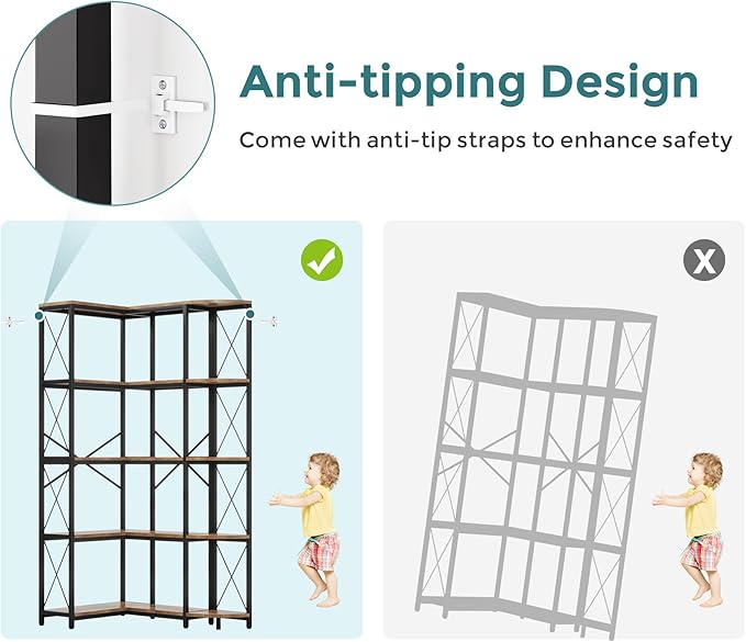 5-Tier Reversible Corner Bookshelf, Modern Industrial Bookcase, 5-Shelf Large L-Shaped Storage Shelf Display Rack with Metal Frame for Living Room, Home Office, Bedroom, Rustic Brown