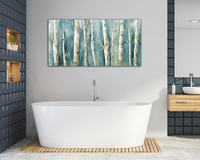 Birch Trees Canvas Wall Art - Abstract Birch Pictures for Wall Decor Modern Turquoise Canvas Painting Nature Printing Artwork for Living Room Bedroom Home Office Wall Decoration 24" x 48"