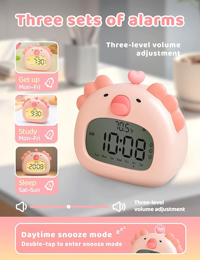 Axolotl Alarm Clock with Night Light for Kids Girls, Cute Pink Axolotl Lamp Digital Clocks, Timer, 3 Alarms, Date & Day, USB Rechargeable Bedrooms Decor Party Favors