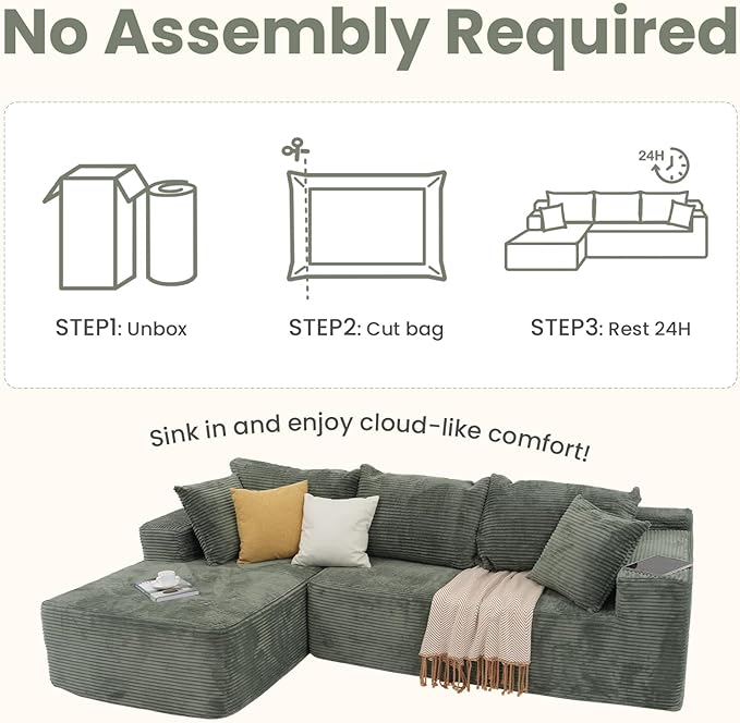 OC Orange-Casual 106.3" Cloud Sectional Couch with L-Shape Chaise,No Assembly Required Modular Sofa,Upholstered Boneless Couches for Living Room, Plush Corduroy Fabric (Green, Left Facing Chaise)
